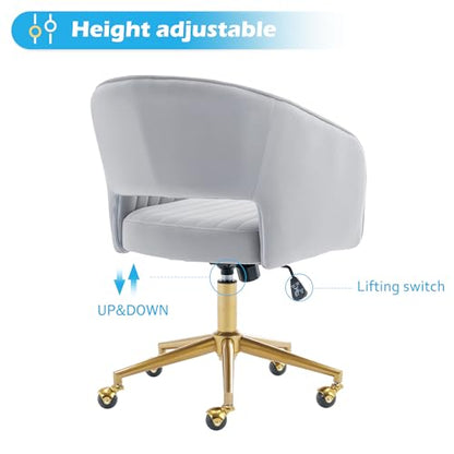 Vanity Chair Velvet Desk Chair with Gold Base for Living Room,Gray | Accent Armchair Upholstered Modern Tufted Chairs for Girls Women Ergonomic Study Seat Computer Task Stools for Bedroom - color: Light Gray