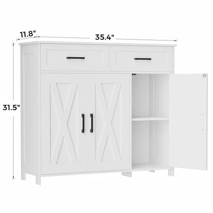Homhedy Coffee Bar Storage Cabinet with Drawers, Kitchen Buffet Cabinet | Sideboard Cabinet with Doors, Farmhouse Buffet Cabinet, Adjustable Shelves, for Kitchen / Dining / Living Room, White - color: White