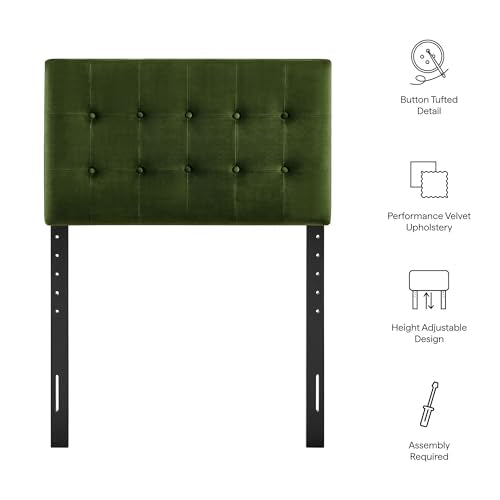 Modway Emily Twin Size Performance Velvet Headboard in Moss Green - Stain-Resistant Velvet Upholstery with Button Tufting and 7 Adjustable Height Positions - color: Moss Green, size: Twin