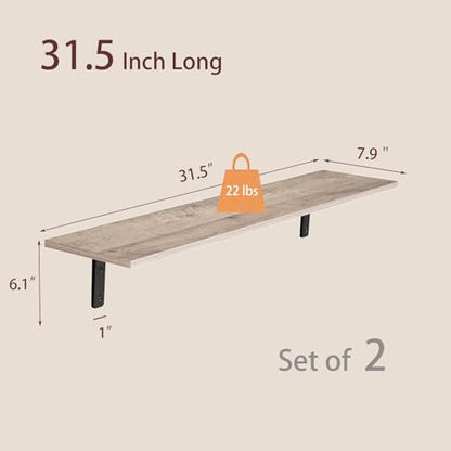 Long Wall Shelves, 31.5Inch Wooden Wall Mounted Shelves, Set of 2 | Floating Book Shelf with Metal Brackets, Easy Assembly, Max Load 22lbs, Wall Storage Ledges, Bedroom/Bathroom/Kitchen, Greige - color: Greige, size: 31.5 Inch