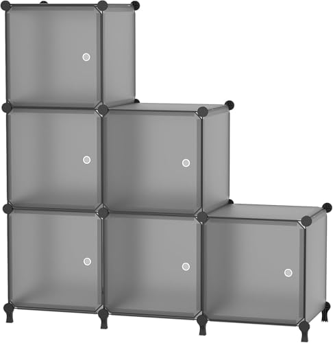 6Cube Storage Organizer Modular Stackable with Doors Grey | Sturdy plastic 6-cube cabinet with doors, 30x30x30cm per cube, tool-free snap assembly, ideal for bedroom, stairs, closet. - color: Grey