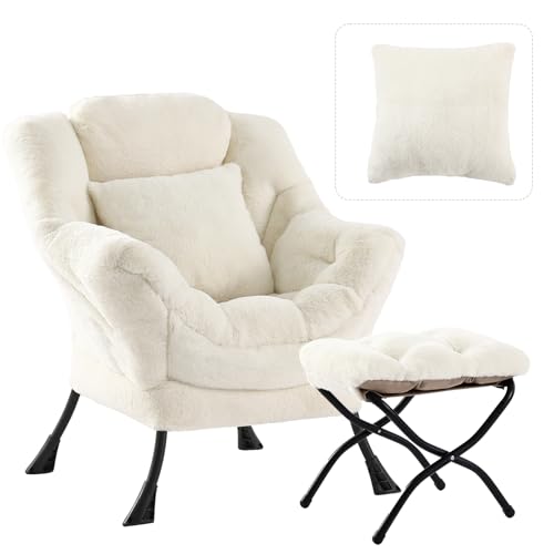 Lazy Chair with Ottoman, Plush Reading Chair with Pillow, Lvory | Removable machine-washable cover; includes an extra throw pillow; cozy accent chair for living room, bedroom, dorm or office - color: Plush Ivory