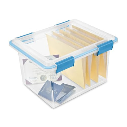 Sterilite Gasket Storage Box with Lids for Home & Office, 32 Quart, 12-Pack | Heavy-Duty, Stackable, and Organizing Containers for Bathroom, Cabinet, Closet, and Garage, Clear and Blue Aquarium Latches - size: 32 Quart, style: 12 Pack