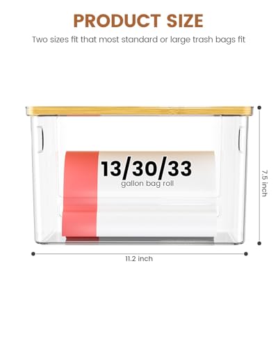 Trash Bag Dispenser 2-Pack, Stackable Trash Bag Holder with Bamboo Lid – Clear Plastic Garbage Bag Organizer for 13/30/33 Gal Bags, Space-Saving Under Sink Organizer for Kitchen, Laundry, Pantry - size: XL+XL
