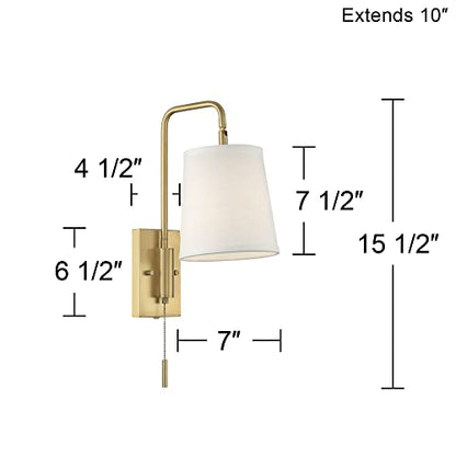 Luca 15 1/2" Warm Brass Swing Arm Plug-In Wall Mount Lamp Light Fixture | Mid Century Modern Indoor Finish Metal Fabric Shade for Bedroom Bedside House Reading Living Room Home Hallway