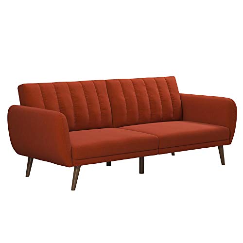 Novogratz Brittany 82 Inch Futon Sofa Bed in Linen, Upholstered Couch Sleeper with Tufted Back, Mid-Century Modern Design, Persimmon - color: Persimmon Linen