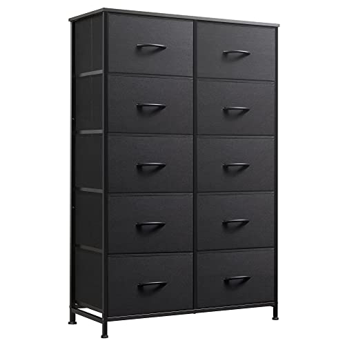 WLIVE Tall Dresser for Bedroom with 10 Drawers, Black | 10 Drawers, Fabric Dresser for Closet, Storage Tower with Cabinet, Metal Frame - color: Charcoal Black