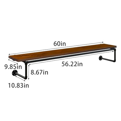 Clothes Rack 60in, Wall Mounted Garment Racks with Real Walnut Wood Shelf, Heavy Duty Hanging Clothes Rack, Multi-Purpose Hanging Rod, Space-Saving Closet Storage - color: Walnut, size: 1T60IN
