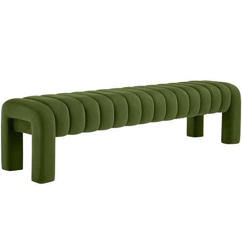63” Dining Room Bench, Olive Green Tufted Upholstered End of Bed Bench, Modern Entryway Ottoman Window Seat with Solid Wood Legs and Padded Seat for Bedroom, Hallway and Living Room (Velvet) - color: Olive Green Velvet, size: 63"