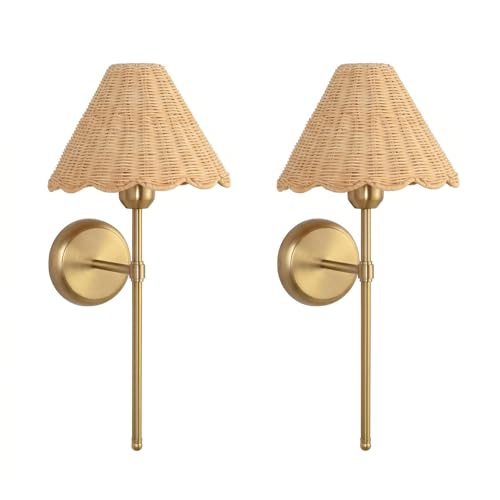 Rattan Wall Sconce Set of 2, Hardwired Boho Wall Sconces with Handwoven Rattan Shade, Gold Wall Lights for Bedroom, Bedside, Hallway, Living Room - size: Hardwired