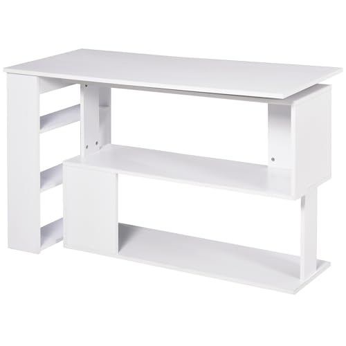 Writing Table Workstation L-Shaped Corner Desk, White | Particle board, laminated surface, 360° rotating design, large desk, 2-tier shelf