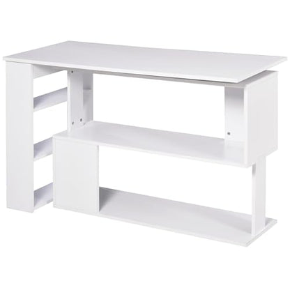 Writing Table Workstation L-Shaped Corner Desk, White | Particle board, laminated surface, 360° rotating design, large desk, 2-tier shelf