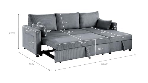 Sleeper Sofa Bed with Adjustable Backrest & Side Pockets, Gray | Adjustable Backrest & Side Pockets,Pull Out Sofa,Comfortable Fabric - color: C-gray-nr