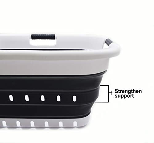 SAMMART 41L Collapsible 3 Handled Plastic Laundry Basket - Foldable Pop Up Storage Container/Organizer - Portable Basket - Space Saving Hamper/Basket (3 handled rectangular, White/Black) - color: White/Black
