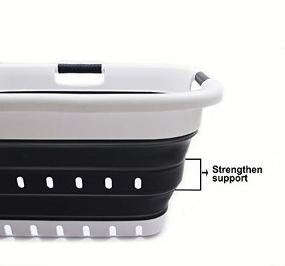 SAMMART 41L Collapsible 3 Handled Plastic Laundry Basket - Foldable Pop Up Storage Container/Organizer - Portable Basket - Space Saving Hamper/Basket (3 handled rectangular, White/Black) - color: White/Black