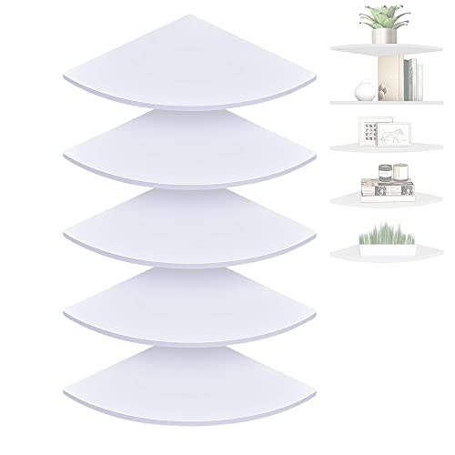 Set of 5 Pieces Corner Mounting Shelf with White, Wood Floating Wall Mounted Storage Shelf for Living Room, Bathroom, Bedroom, Kitchen, Office
