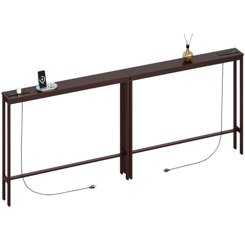 ELYKEN 2 Pack Bamboo Console Table, 5.9'' Narrow Sofa Table Behind Couch | Slim Skinny Hallway Table with Charging Station for Entryway, Living Room, Foyer, Entrance, 5.9 x 39.4 x 31.5in, Brown - color: Brown, size: 5.9"D x 78.8"W x 31.5"H