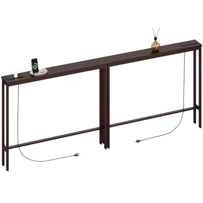 ELYKEN 2 Pack Bamboo Console Table, 5.9'' Narrow Sofa Table Behind Couch | Slim Skinny Hallway Table with Charging Station for Entryway, Living Room, Foyer, Entrance, 5.9 x 39.4 x 31.5in, Brown - color: Brown, size: 5.9"D x 78.8"W x 31.5"H