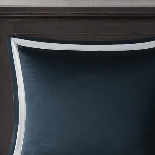 Madison Park Odette Cozy Comforter Set Jacquard Damask Medallion Design - Modern All Season, Down Alternative Bedding, Shams, Decorative Pillows, Queen(90 in x 90 in),Navy 8 Piece | All Season Down Alternative Bedding with Comforter, Shams, Bed Skirt, Dec