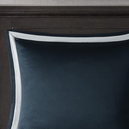 Madison Park Odette Cozy Comforter Set Jacquard Damask Medallion Design - Modern All Season, Down Alternative Bedding, Shams, Decorative Pillows, Queen(90 in x 90 in),Navy 8 Piece | All Season Down Alternative Bedding with Comforter, Shams, Bed Skirt, Dec