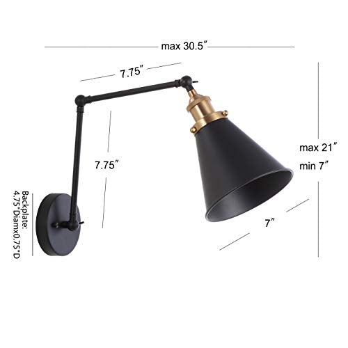 JONATHAN Y Rover 1-Light Wall Sconce 7", Black/Brass Gold | Adjustable Arm, Hardwired Bedside Reading Swing Arm, Farmhouse Cone Shade, Metal Hardwired Indoor Fixture, LED Bulbs Included - color: Black/Brass Gold, size: Set of 1