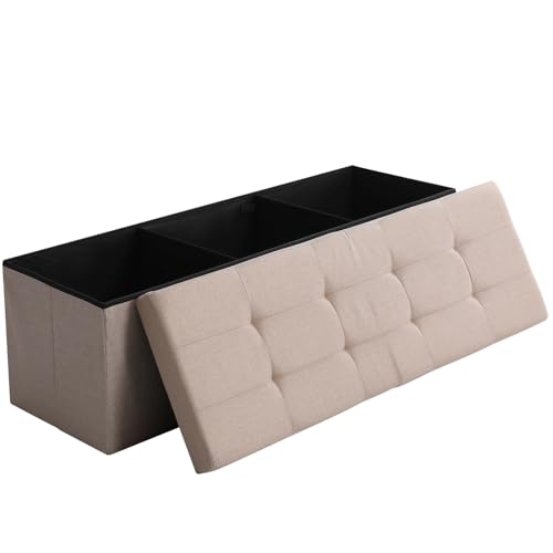 Storage Ottoman Bench Foldable Footrest Foot Stool, 45" Fabric Beige | Small Ottoman Foot Rest Seat Shoe Bench Flip-Top forliving Room End of Bed Bedroom Couch Dorm 166L Folding Upholstered Chair - color: Sandy Beige, size: 45.3" Flip