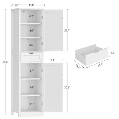 67" H Tall Bathroom Cabinet with 2 Doors & 1 Drawer, Narrow Bathroom Storage Cabinet with Adjustable Shelves, for Living Room, Entryway, Kitchen, White - color: White