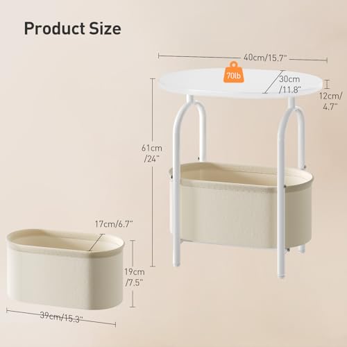 Small Round Side Table with Fabric Basket Storage, Oval End Table for Small Spaces, Modern Coffee Bedside Table, Couch Side Table for Living Room, 15.7" X 11.8" X 24", White and Beige 8601BZWT - color: White and Beige