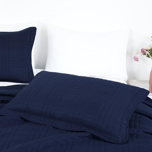 Chezmoi Collection Kingston Queen Size Bedspread Set, 3-Piece Navy Oversized Quilted Microfiber Lightweight Bedspread Coverlet (100"x106") for All Seasons - color: Navy, size: Queen