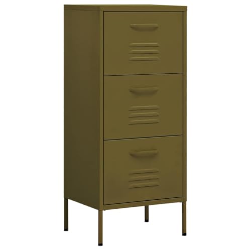 3 Drawer Metal Storage Cabinet, Olive Green Steel Organizer | Rectangular floor-standing organizer unit with three slides and levelers for living room or study. - color: Green, size: Medium