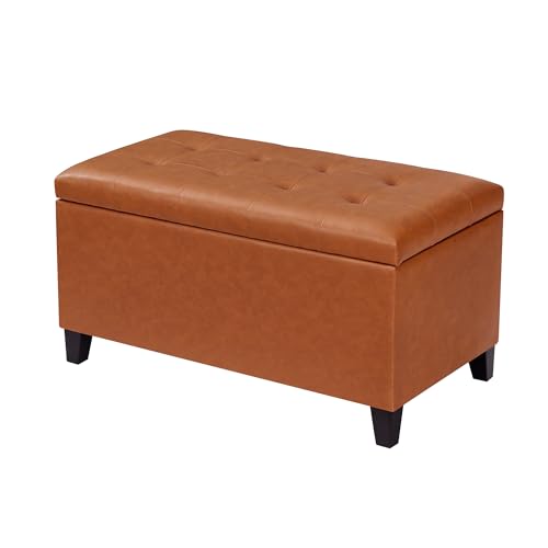 Storage Ottoman Bench, 33 Inches Faux Leather Rectangle Tufted Foot Stool for End Foot of Bed, Bedroom, Living Room,Vibrant Orange - color: Vibrant Orange