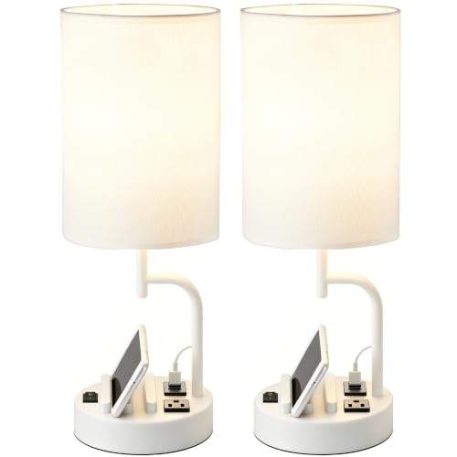 Dreamholder 2 Pack Table Lamp, Bedside Lamp with 3 USB Charging Ports & AC Outlet, USB Desk Lamp with 2 Phone Holders, Linen Fabric Shade Nightstand Lamps for Bedroom Living Room Office, White - color: White