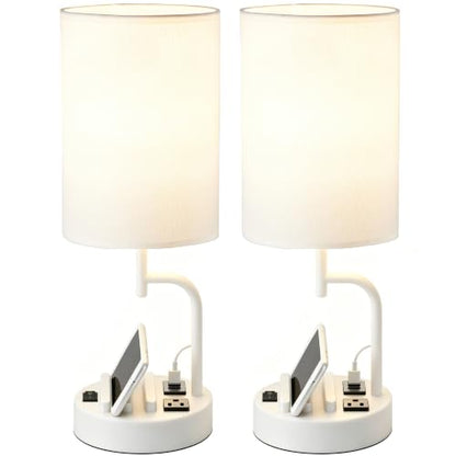 Dreamholder 2 Pack Table Lamp, Bedside Lamp with 3 USB Charging Ports & AC Outlet, USB Desk Lamp with 2 Phone Holders, Linen Fabric Shade Nightstand Lamps for Bedroom Living Room Office, White - color: White