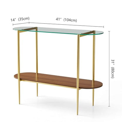 LumFurn Oval Glass Console Table for Living Room, Foyer & Entrance, 2-Tiers Mid-Century Modern Sofa Table with Clear Glass Top, Walnut Finish Wood Shelf and Gold Finish Frame - color: Oval L40.9" Clear & Walnut