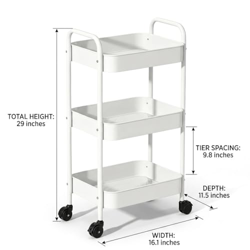 3-Tier Metal Rolling Cart with Smooth Casters, Lightweight Storage Utility Cart Mobile Organizer Rack, Multi-Purpose Basket Shelf for Kitchen, Bathroom, Closet, Pantry-White - color: White