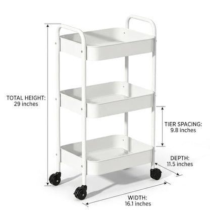 3-Tier Metal Rolling Cart with Smooth Casters, Lightweight Storage Utility Cart Mobile Organizer Rack, Multi-Purpose Basket Shelf for Kitchen, Bathroom, Closet, Pantry-White - color: White