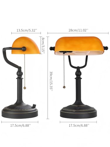 Matted Amber Stepless Dimmable Glass Bankers Desk Lamp | Table Lamp Plug in Fixture for Study Home office Library LED Bulb Included - color: Matted Amber