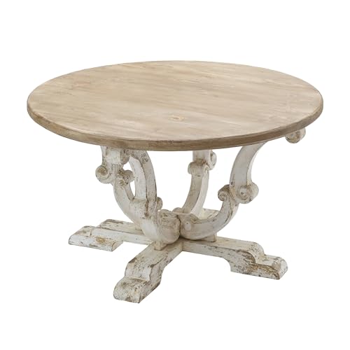 31.5" Round Solid Wood Coffee Table for Farmhouse Living Room | Retro Wooden Center Table with Distressed White Finish & Scrollwork Legs, Circle Tea Table, Easy Assembly, Antique White - color: B-31.5" Antique White
