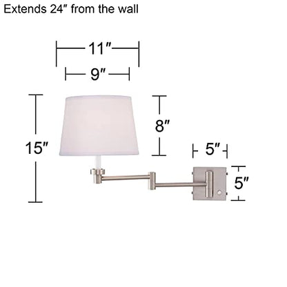 Vero Brushed Nickel Swing Arm Plug-In USB Wall Lamps Set of 2 Light Fixture | Modern Charging Port White Hardback Drum Shade for Bedroom Bedside Living Room Reading House