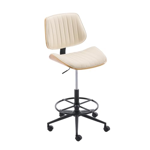 Drafting Chair for Standing Desk, Armless Tall Office Chair with Bentwood Backrest, Adjustable Height, Footrest Ring and Swivel Seat, PU Leather (Ivory) - color: Ivory