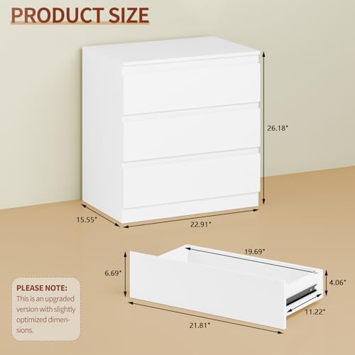 White 3 Drawer Dresser for Bedroom Clothes Storage | Small Space, High Gloss, Handle-Free, Modern, Wide Wooden Chest, for Living Room, Entryway, TV Stand, Night Stand - size: 15.6"D x 22.9"W x 26.2"H (3 Drawers)