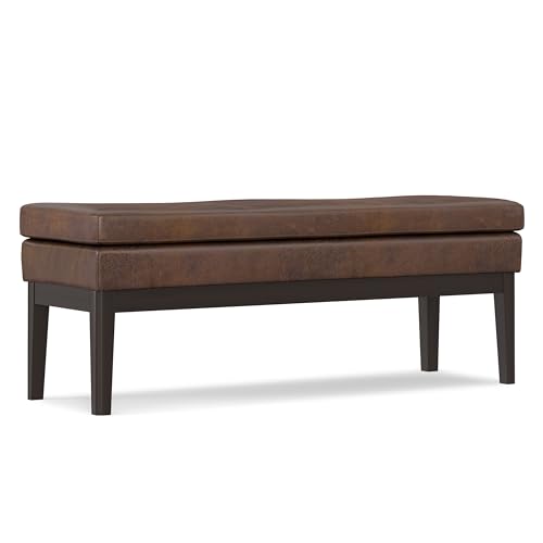 SIMPLIHOME Carlson 45" Wide Vegan Leather Rectangle Ottoman in Brown | Distressed chestnut brown, mid-century modern ottoman bench with a padded seat; footstool, footrest, or bedroom bench. - color: Distressed Chestnut Brown, style: Ottoman Bench