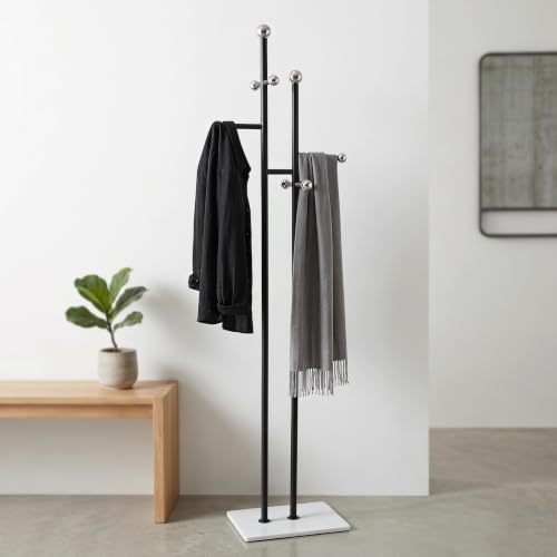 Entryway Coat Rack Freestanding, Black Metal Marble Base | 1.0mm thickened black metal tree with 8 stainless steel hooks. Anti-toppling heavy marble base for modern entryway. - color: black and white