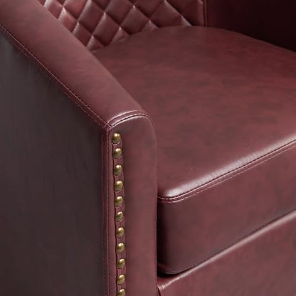 KINWELL 29" W Faux Leather Tufted PU Swivel Barrel Accent Chair, Red | No Assembly Vegan Leather Upholstered Swivel Club Chair with Nailhead Trim, Modern Armchair for Small Spaces Apartment - color: Red, style: Set of 1