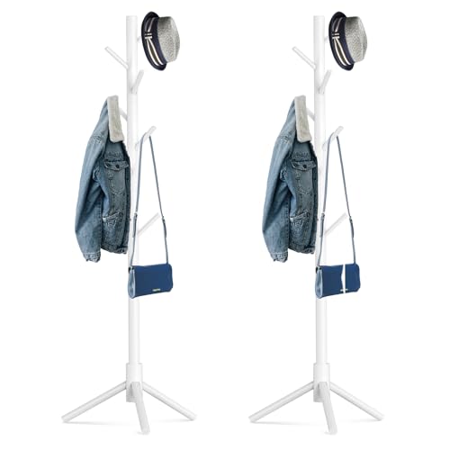 Hupmad Wooden Tree Coat Rack Stand,Sturdy Freestanding Coat Rack with 8 Hooks,3 Adjustable Height for Child Adult,Wood Coat Stand Tree Fits Entryway Bedroom Office for Bags,Hats, 2 Pack - color: White, size: 2 PCS