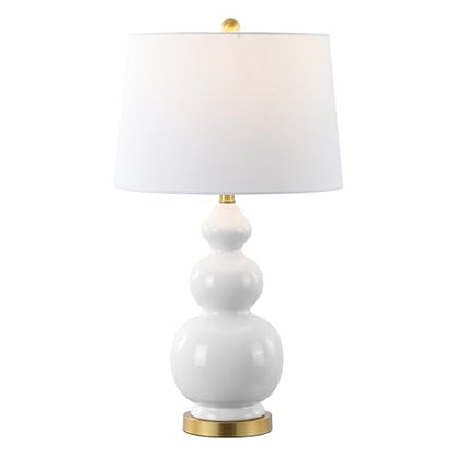 JONATHAN Y Bowen 27.5" Ceramic Triple Gourd Table Lamp, White/Brass Gold | Contemporary, White Linen Drum Shade, Modern Transitional Style, Metal Base, LED Bulb Included - color: White