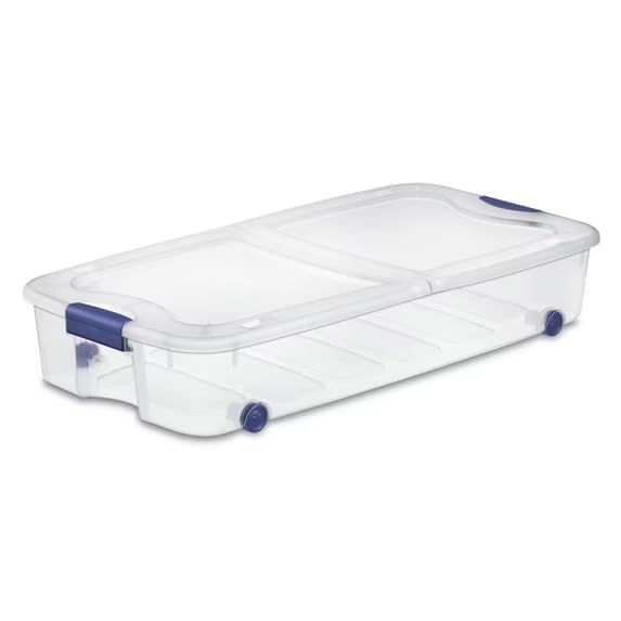 The 66 Quart Clear Underbed Storage Container with Latch Lid and Wheels, Blue