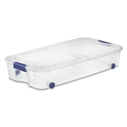 The 66 Quart Clear Underbed Storage Container with Latch Lid and Wheels, Blue