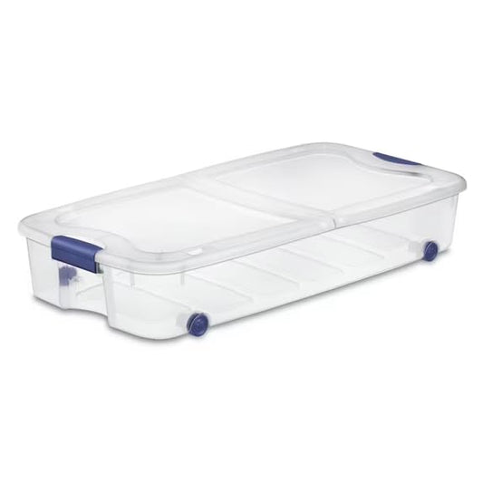 The 66 Quart Clear Underbed Storage Container with Latch Lid and Wheels, Blue