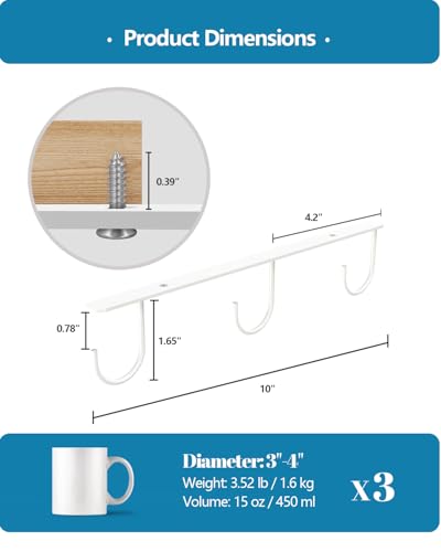3 Pack Mug Hooks Under Cabinet with 9 Hooks for Displaying Mugs, White | Coffee Mug Holder for Hanging Under Shelf, Cup Hanger, Coffee Cups and Kitchen Utensils - color: White
